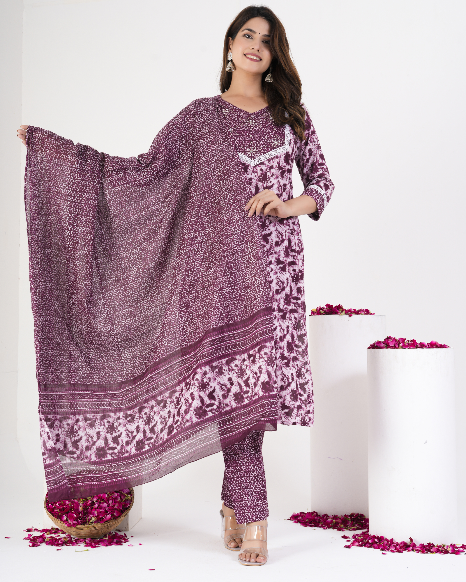 Wine Color Floral Printed Kurta & Trousers With Dupatta