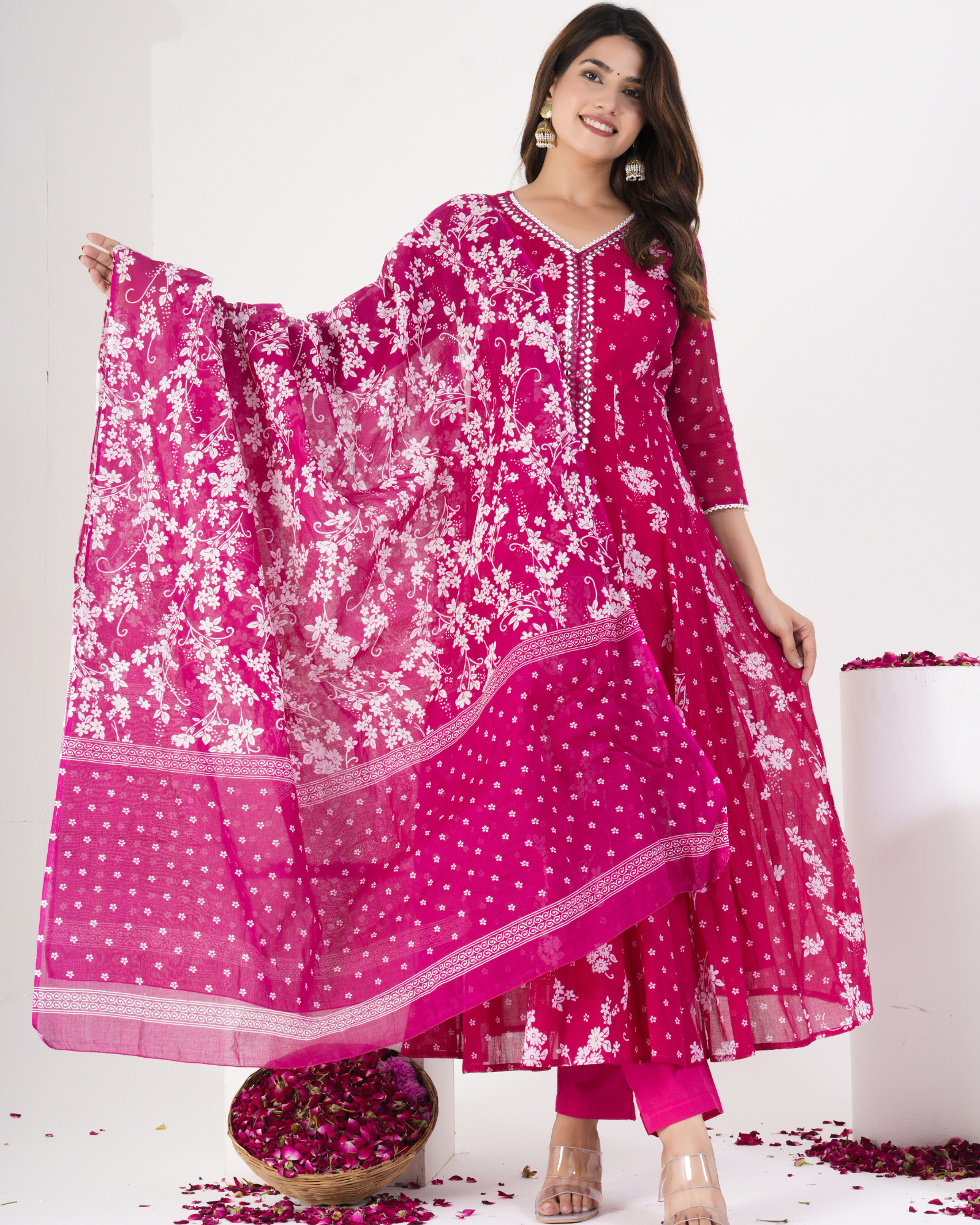 Pink Floral Printed Kurta With Solid Trousers & Dupatta