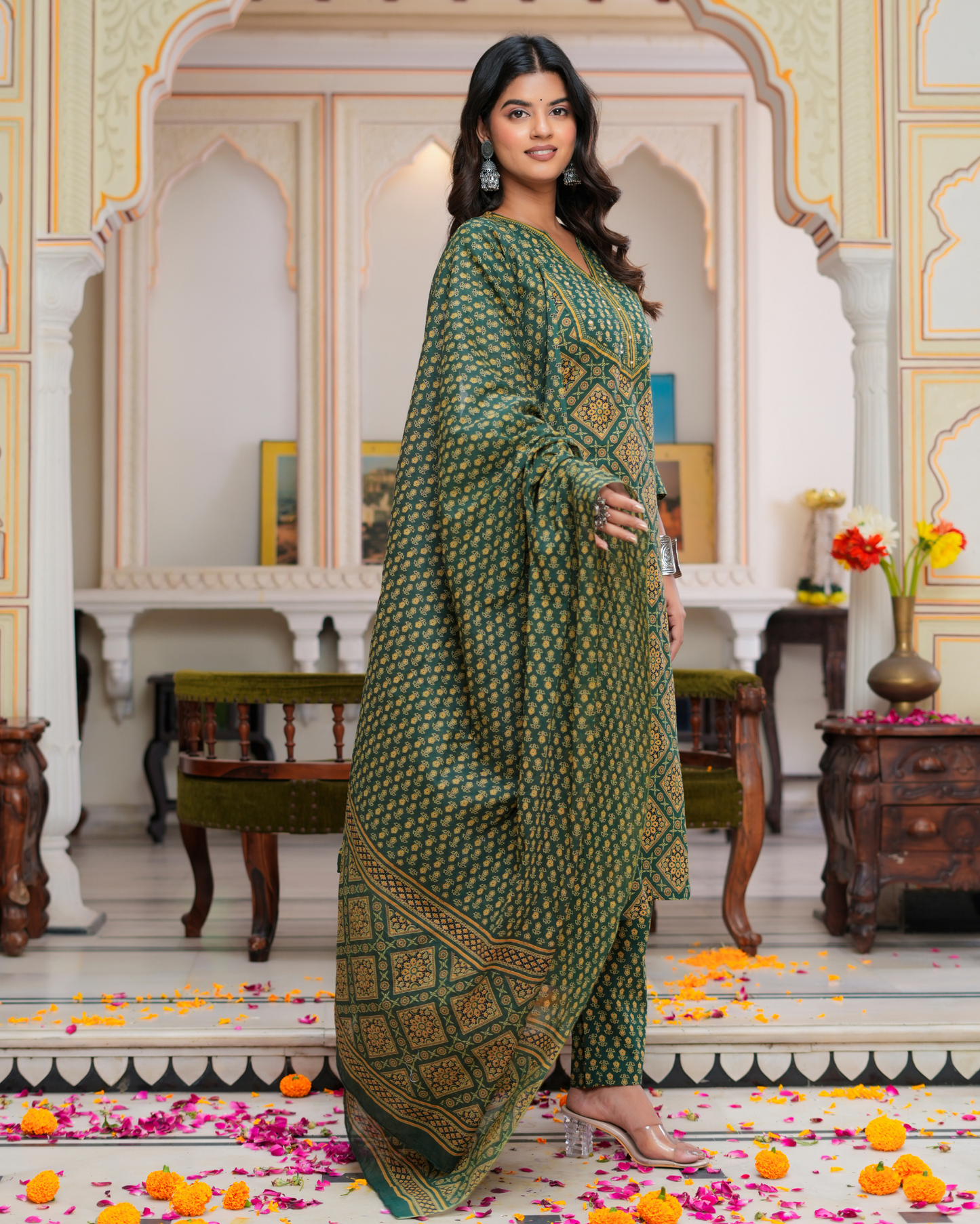 Green Floral Printed Kurta With Printed Trouser & Dupatta