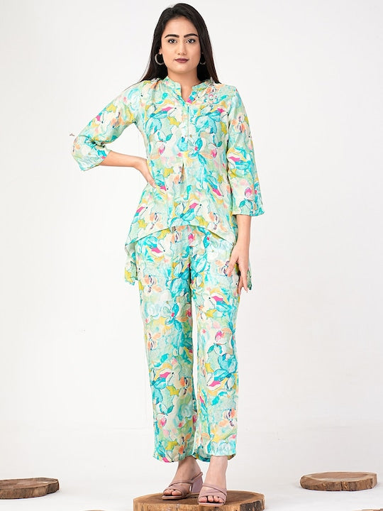 Floral Printed Mandarin Collar Shirt With Trousers