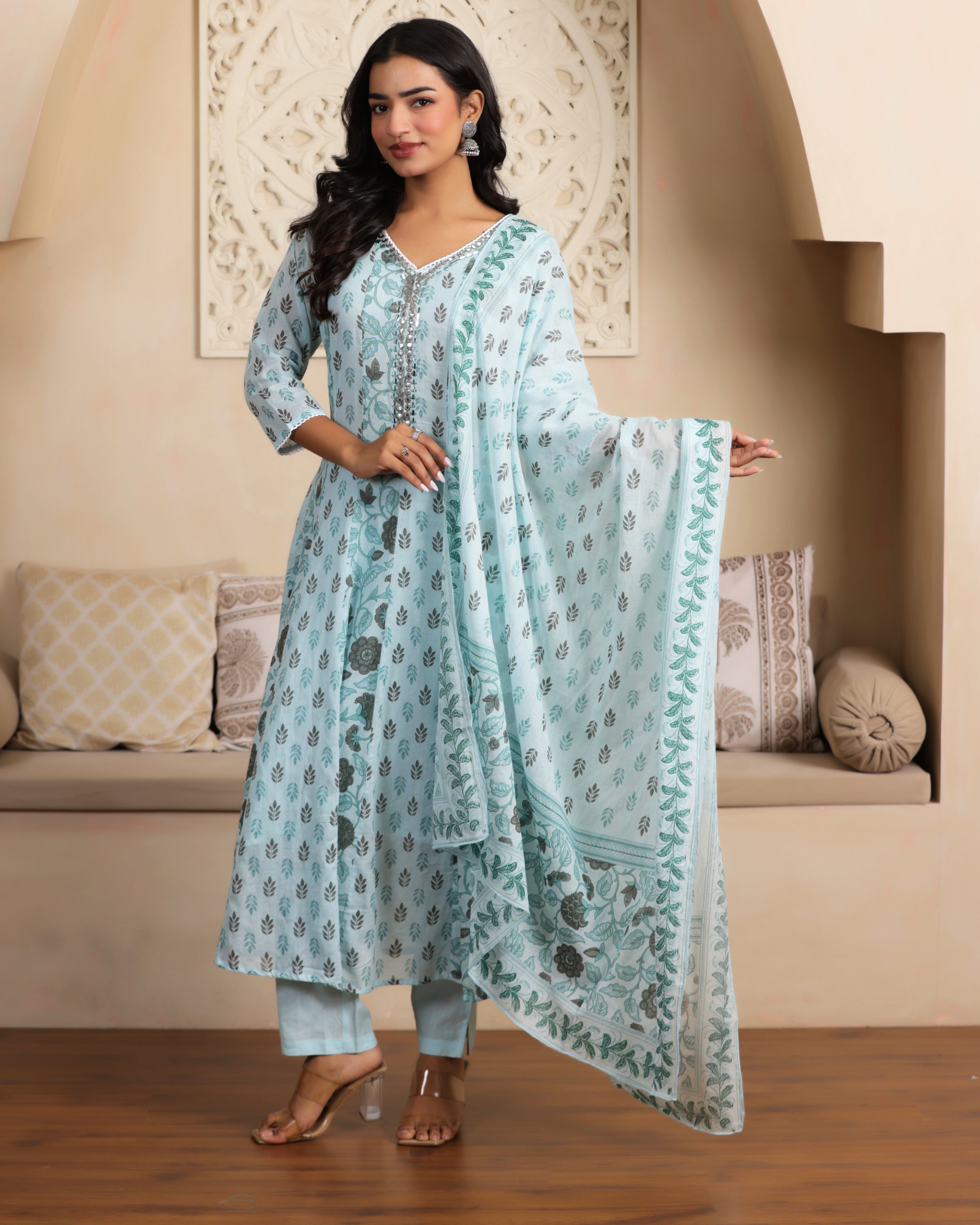 Floral Printed Pure Cotton Straight Kurta with Pant & Dupatta Set