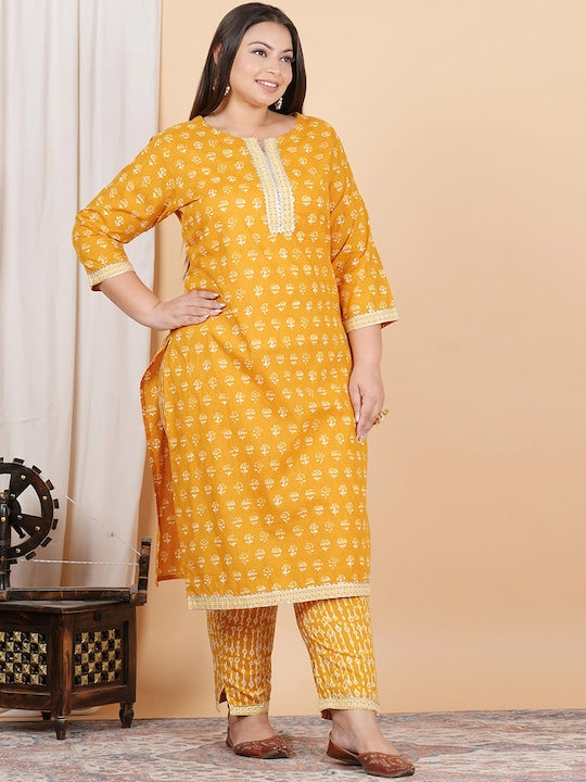 Plus Size Floral Printed Gotta Patti Pure Cotton Kurta with Trousers