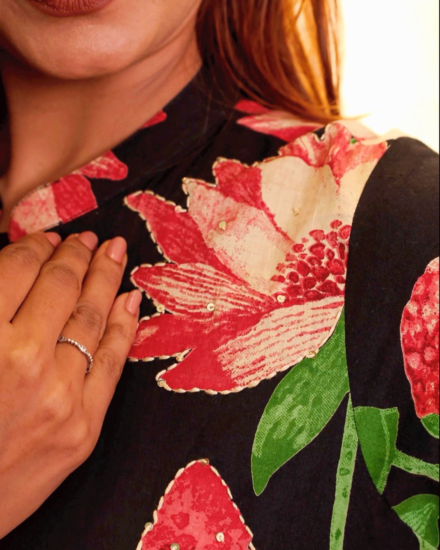 Black Cotton Floral Kurta Dress with Short Jacket