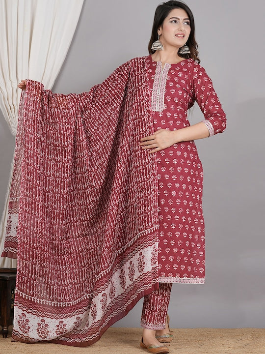 Ethnic Motifs Printed Gotta Patti Pure Cotton Straight Kurta & Trouser With Dupatta