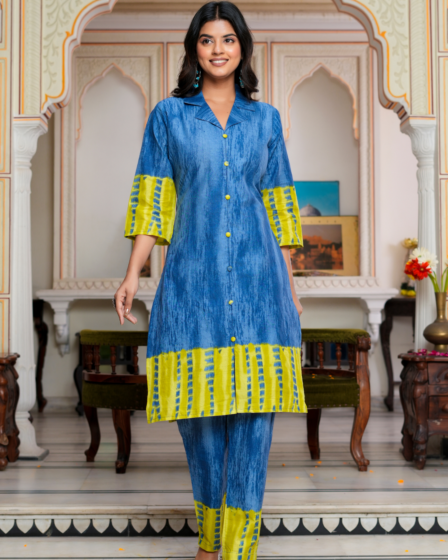 Blue Color Block Printed Kurta With Printed Trouser