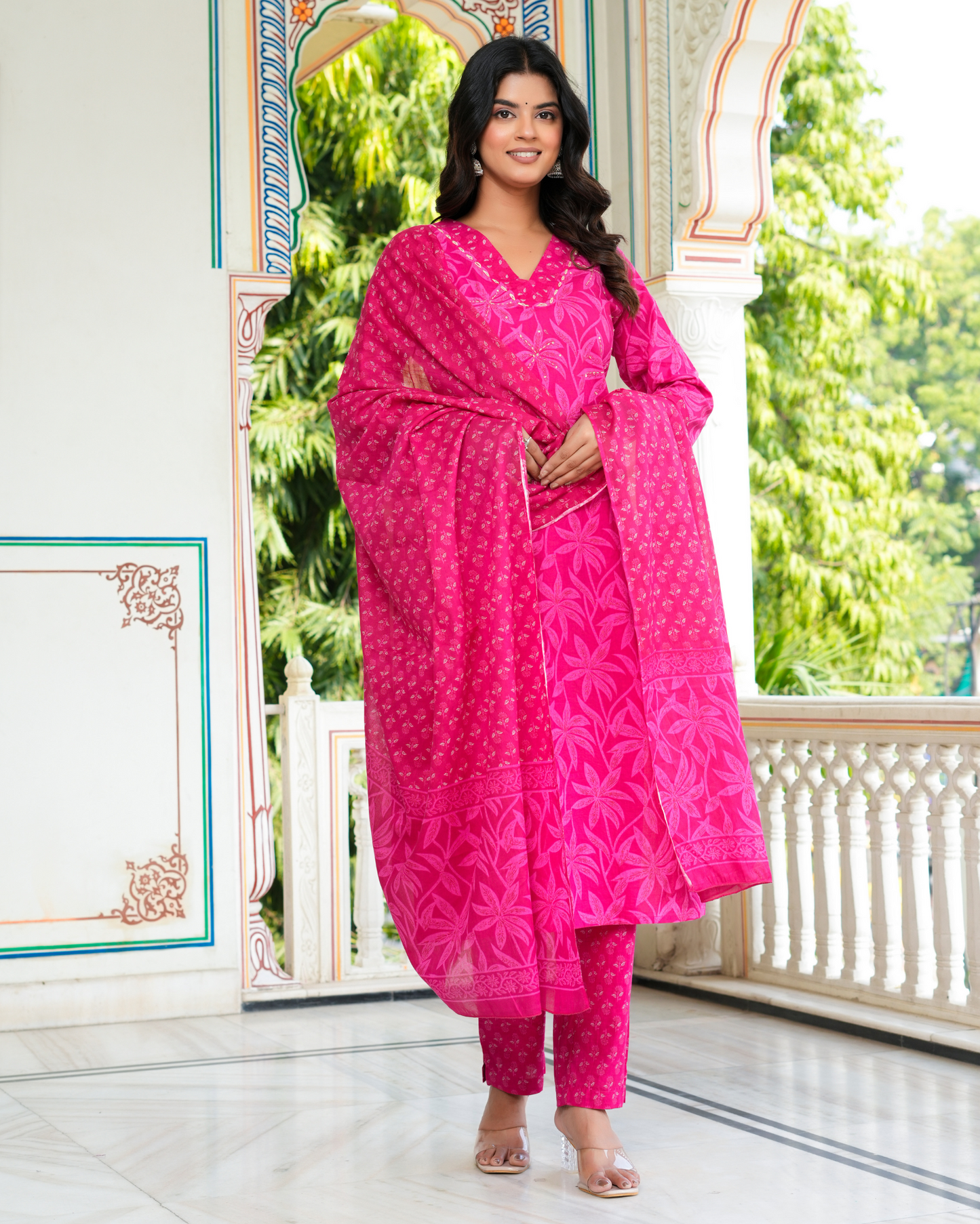 Pink Floral Printed Kurta With Printed Trouser & Dupatta