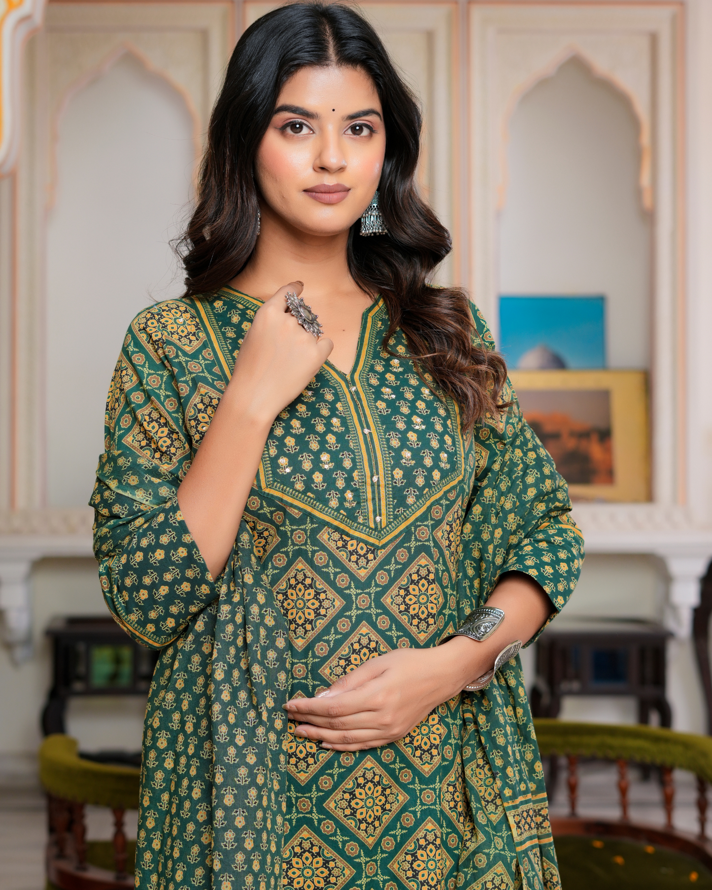 Green Floral Printed Kurta With Printed Trouser & Dupatta