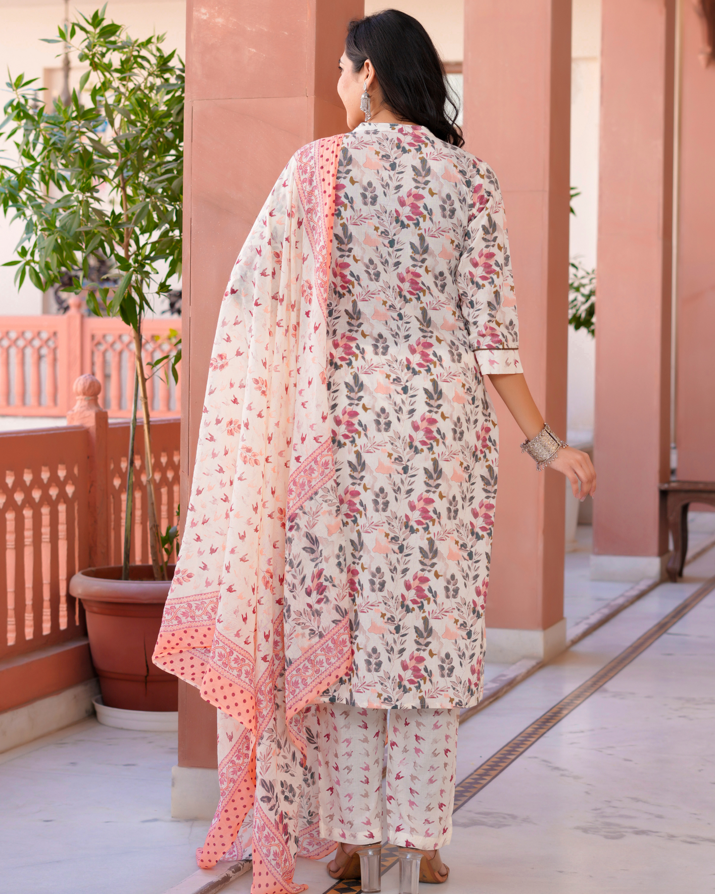 Cotton Printed Straight Coral Kurta Set With Dupatta