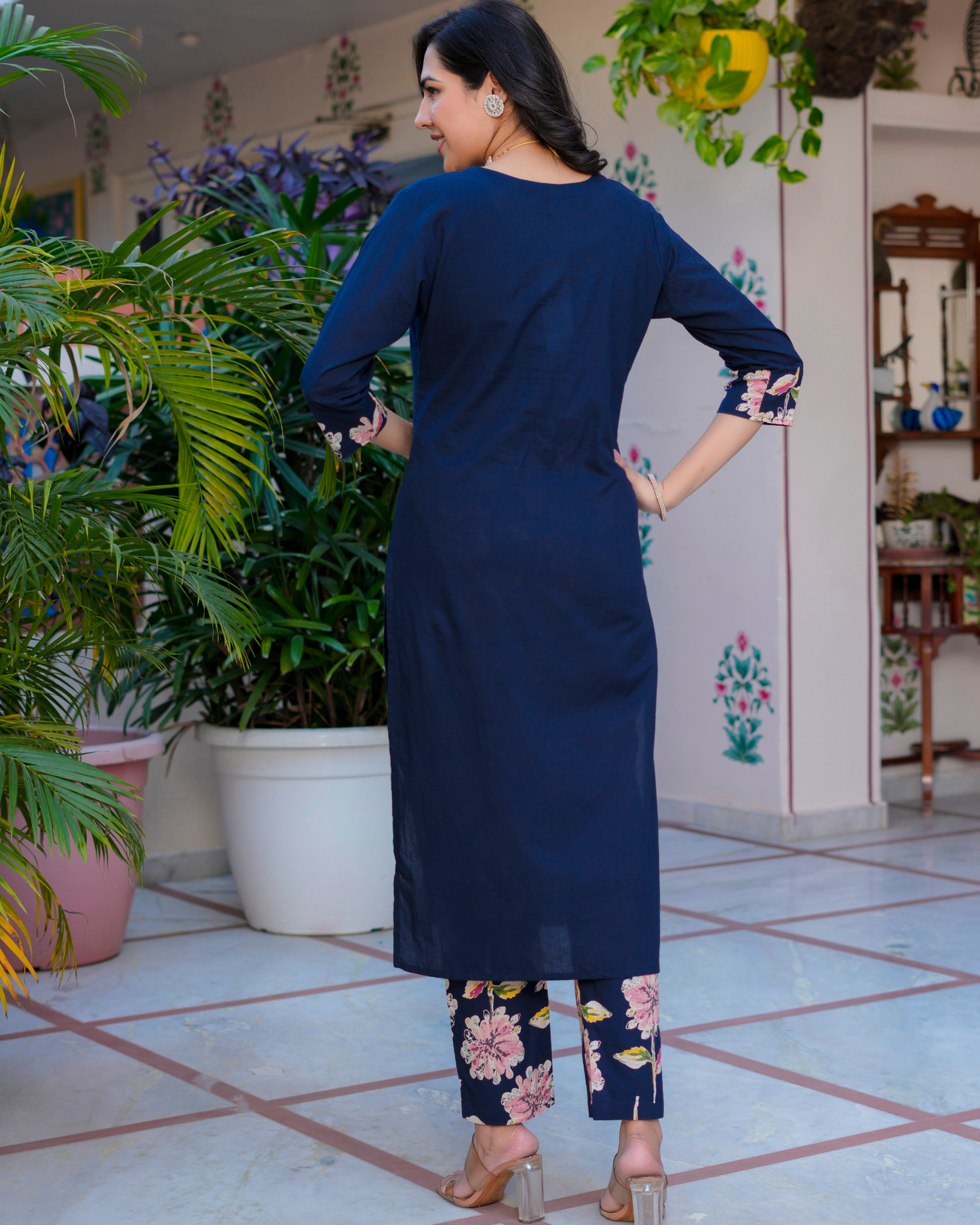 Cotton Printed Straight Navy Blue Kurta Set With Dupatta