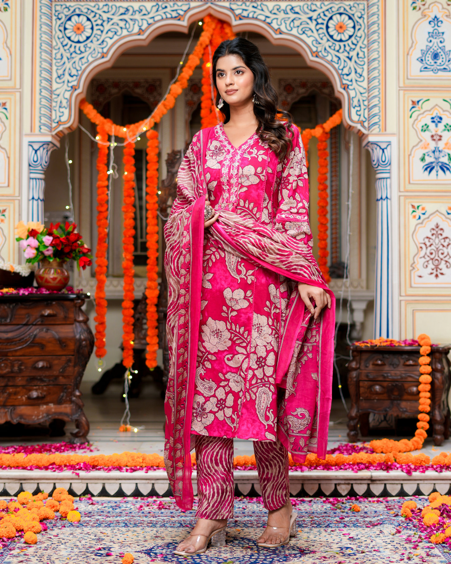 Pink Floral Printed Kurta With Printed Trouser & Dupatta