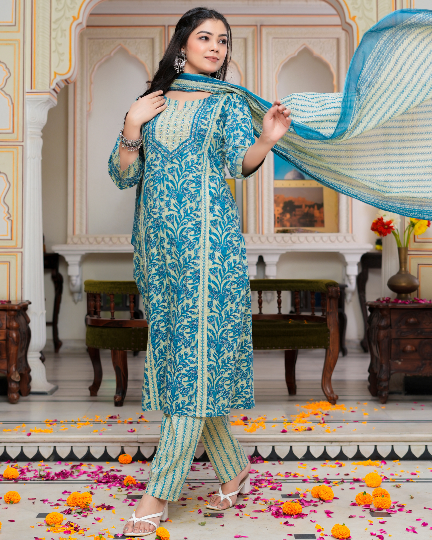 Blue Floral Printed Kurta With Printed Trouser & Dupatta