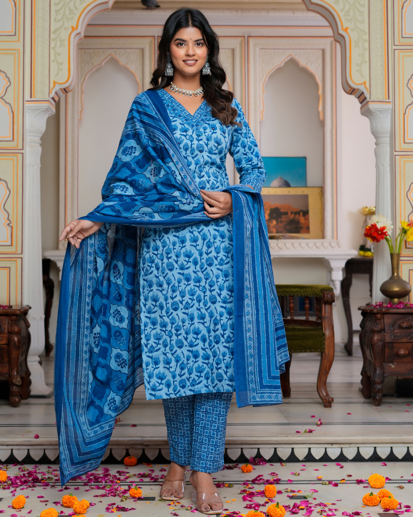 Blue Floral Printed Kurta With Printed Trouser & Dupatta