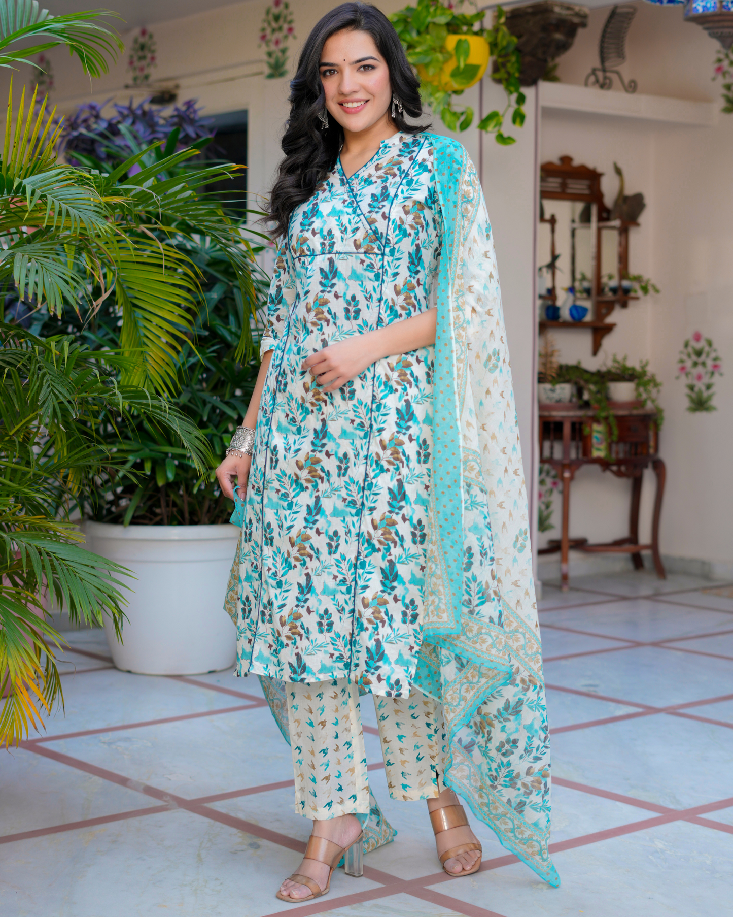 Cotton Printed Straight Blue Kurta Set With Dupatta