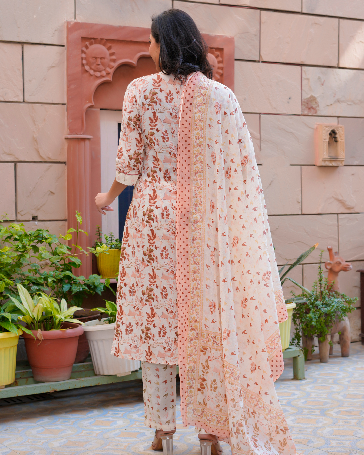 Cotton Printed Straight Orange Kurta Set With Dupatta