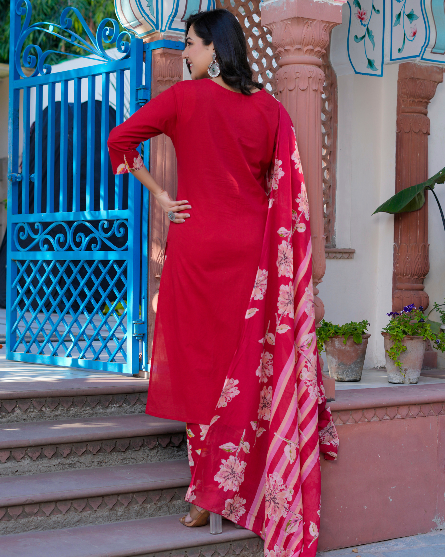 Cotton Printed Straight Maroon Kurta Set With Dupatta