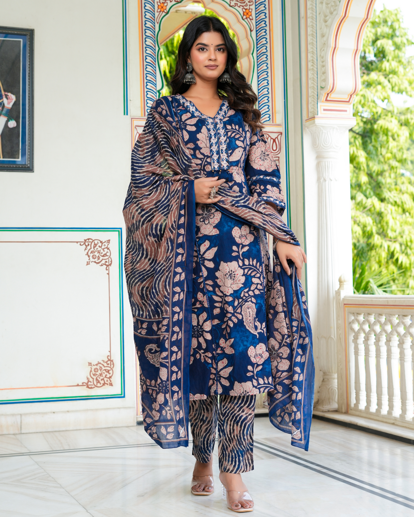 Blue Floral Printed Kurta With Printed Trouser & Dupatta