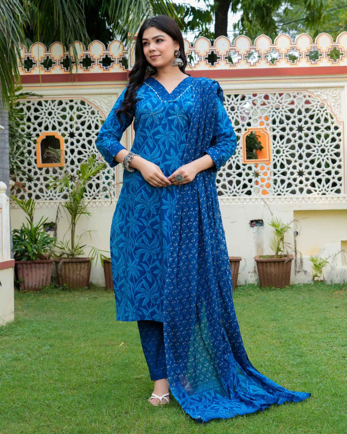 Blue Floral Printed Kurta With Printed Trouser & Dupatta