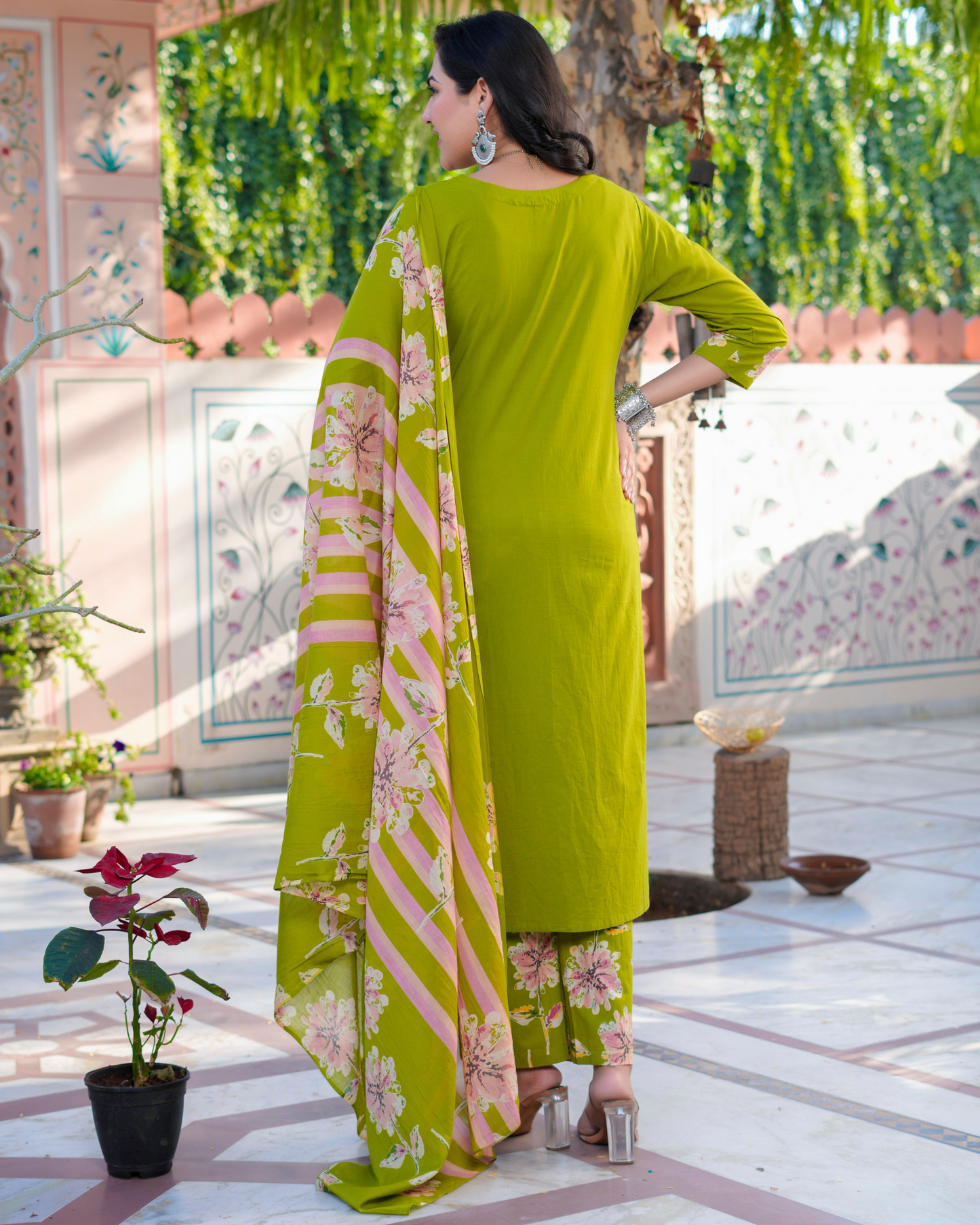 Cotton Printed Straight Green Kurta Set With Dupatta