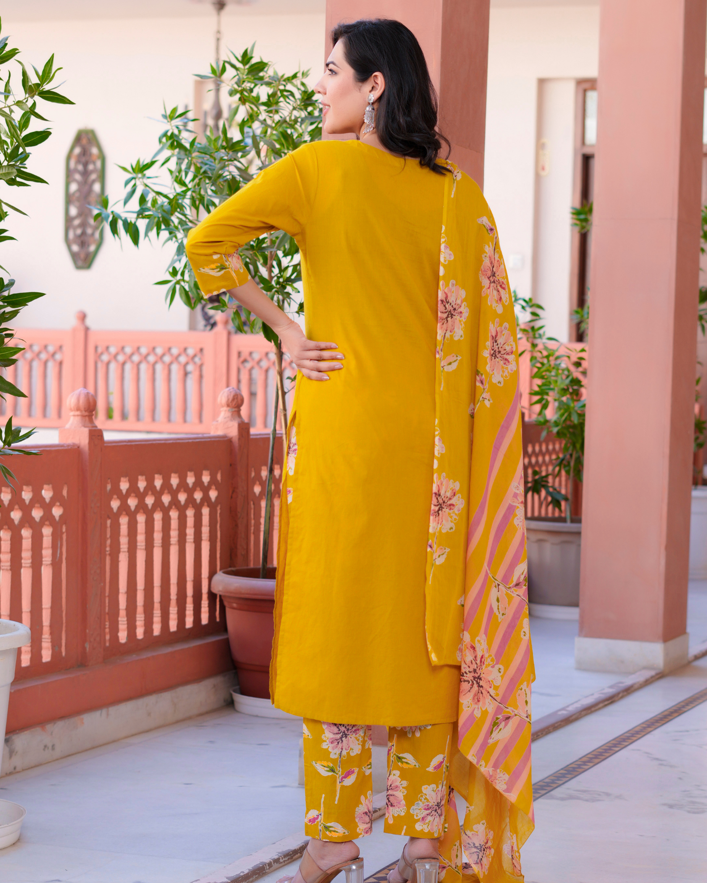 Cotton Printed Straight Mustard Kurta Set With Dupatta