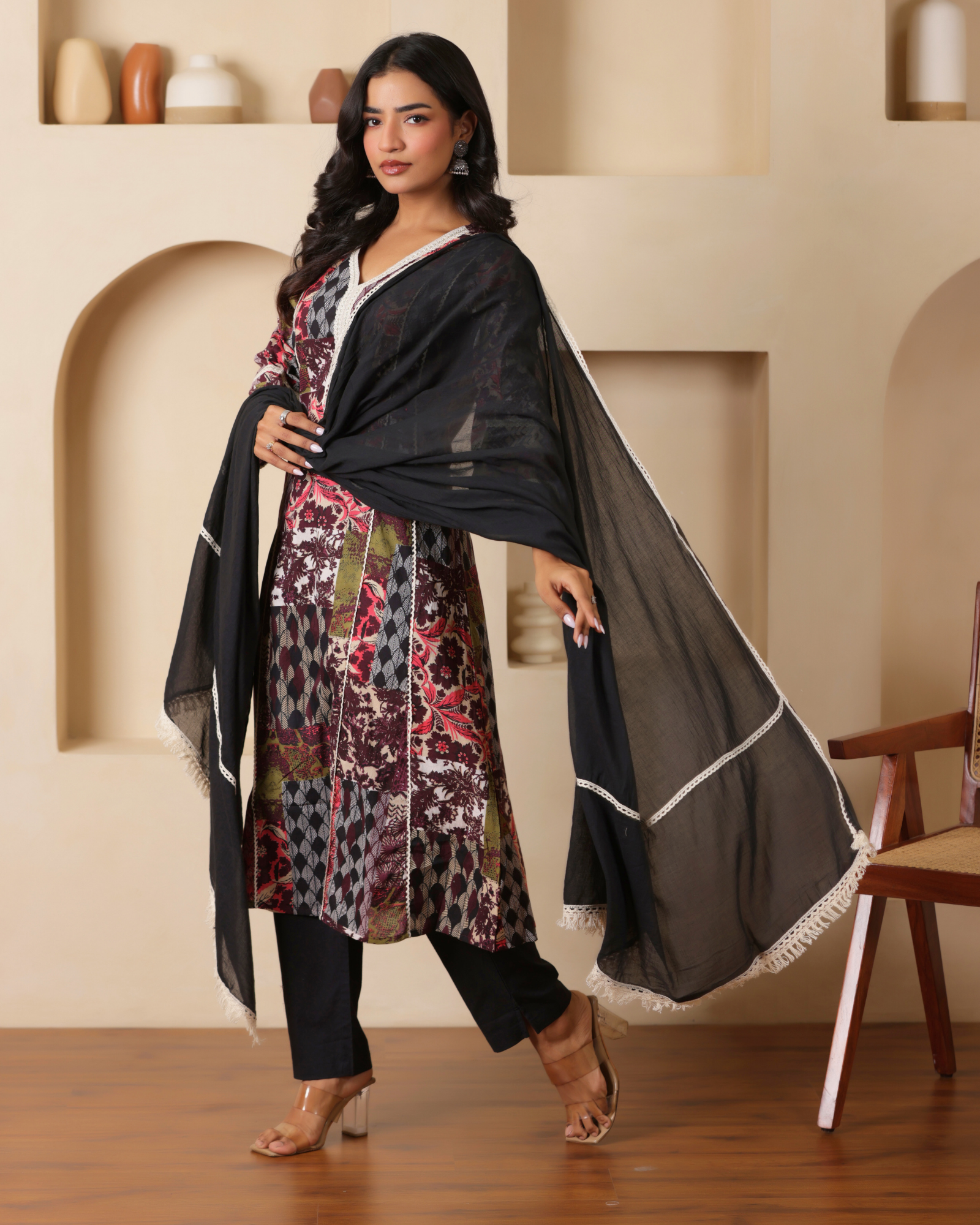 Brown floral printed Kurta with solid Trousers & dupatta