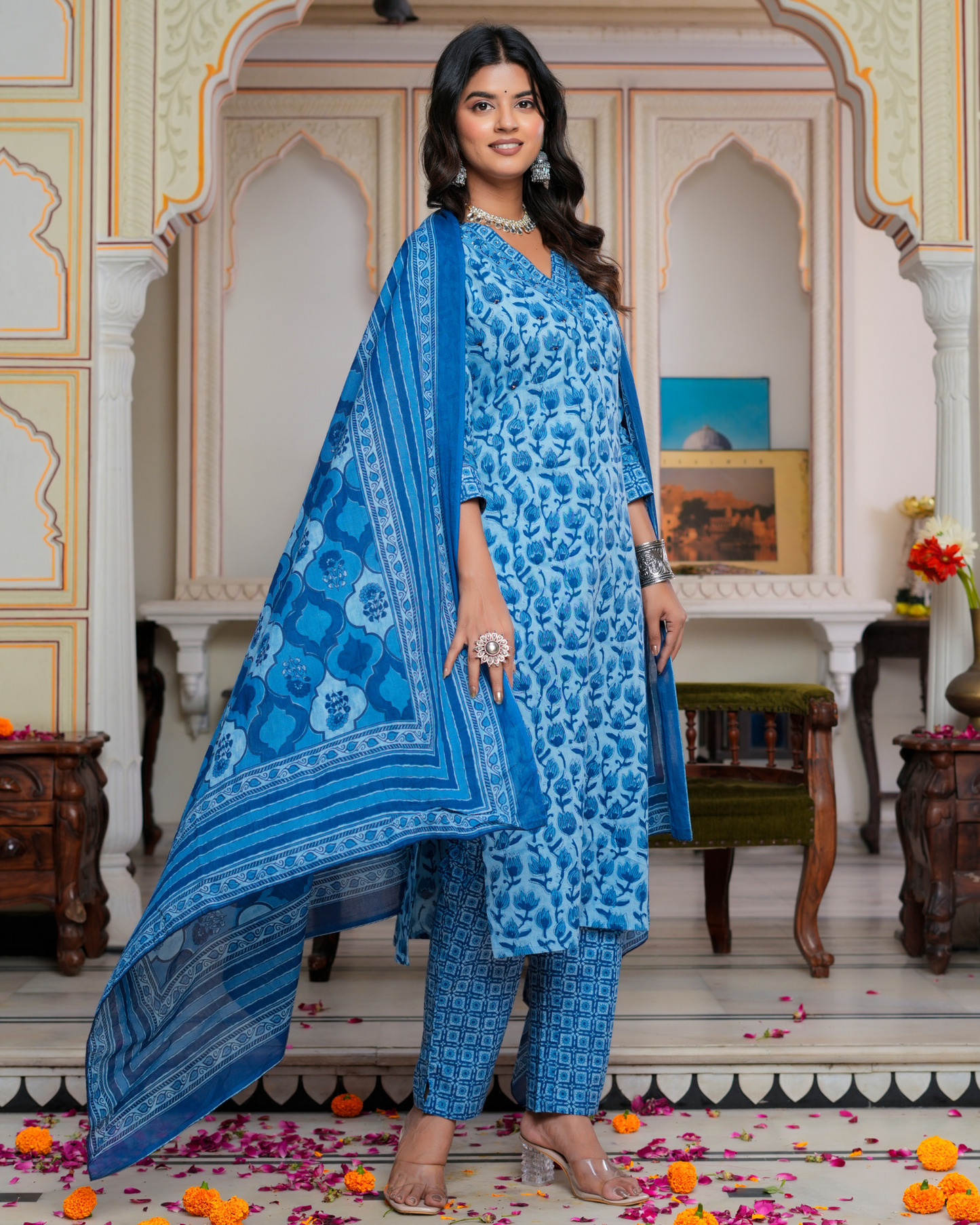 Blue Floral Printed Kurta With Printed Trouser & Dupatta