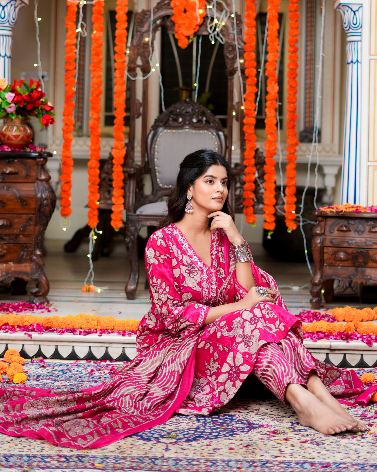 Pink Floral Printed Kurta With Printed Trouser & Dupatta