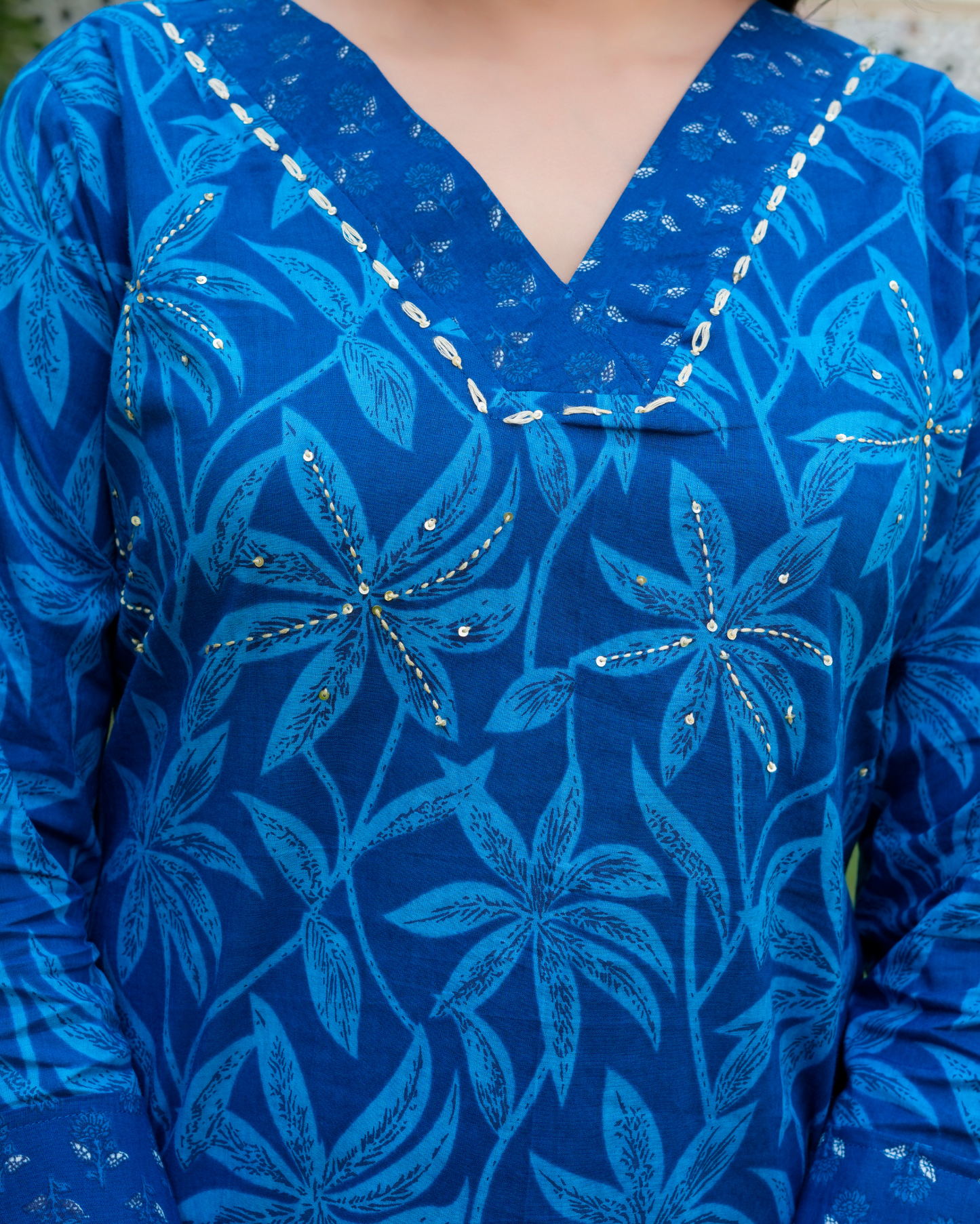 Blue Floral Printed Kurta With Printed Trouser & Dupatta