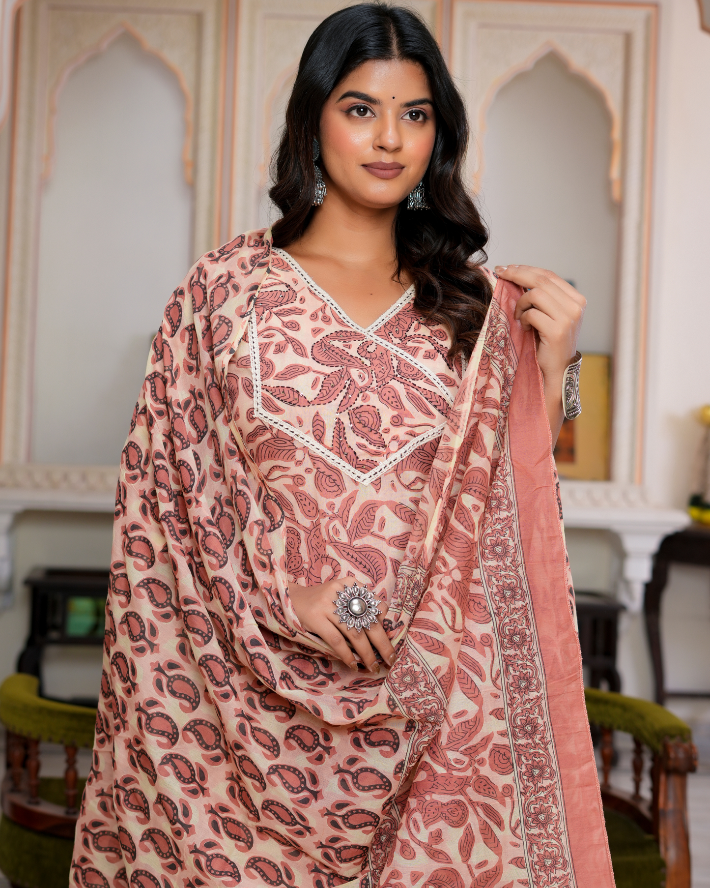 Beige Floral Printed Kurta With Printed Trouser & Dupatta