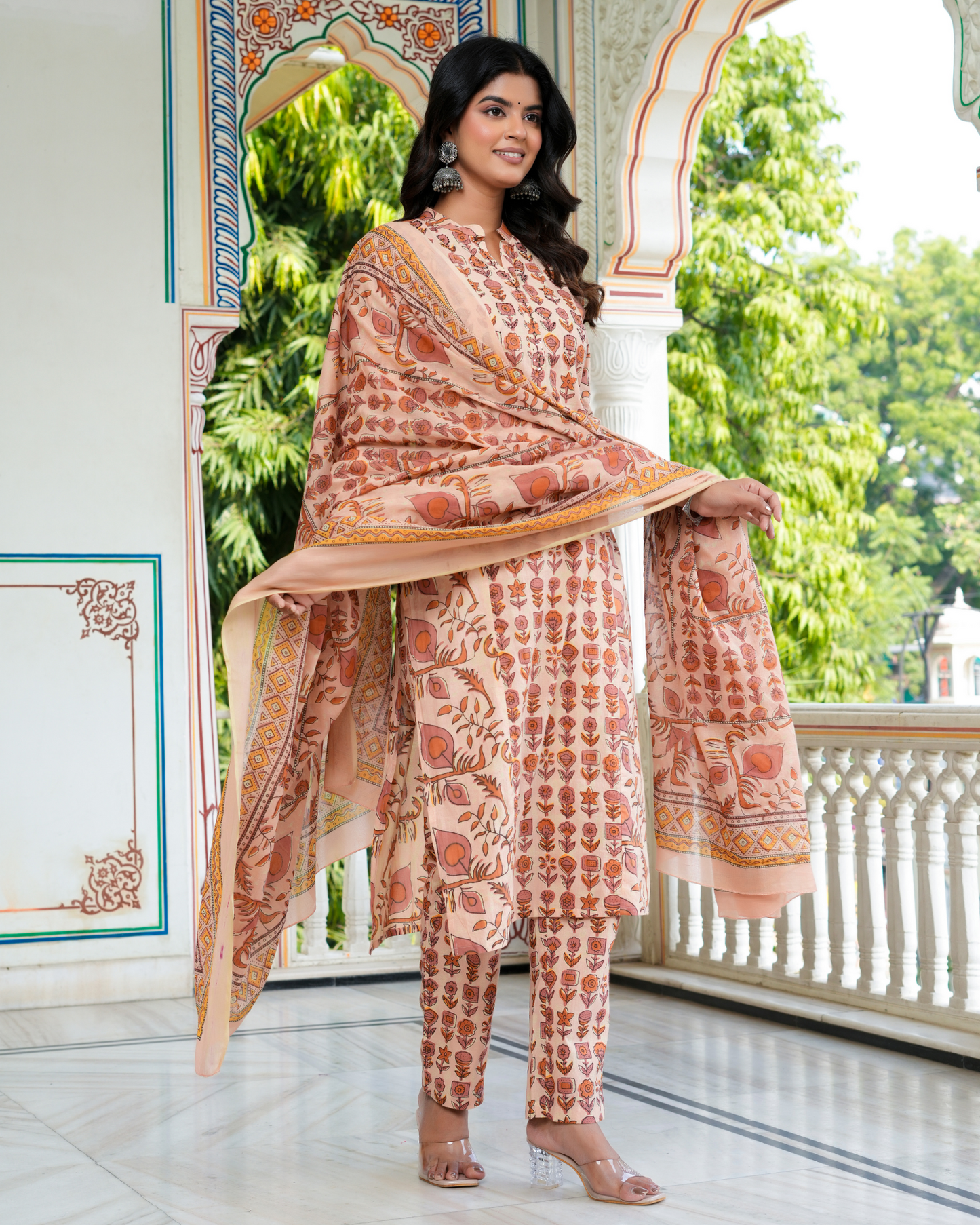 Beige Floral Printed Kurta With Printed Trouser & Dupatta