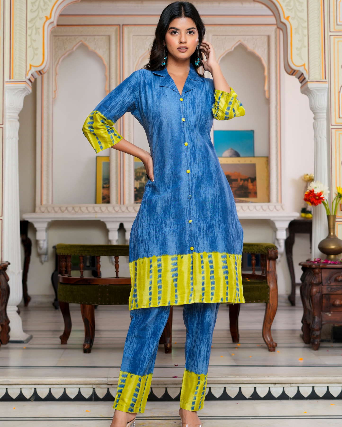 Blue Color Block Printed Kurta With Printed Trouser