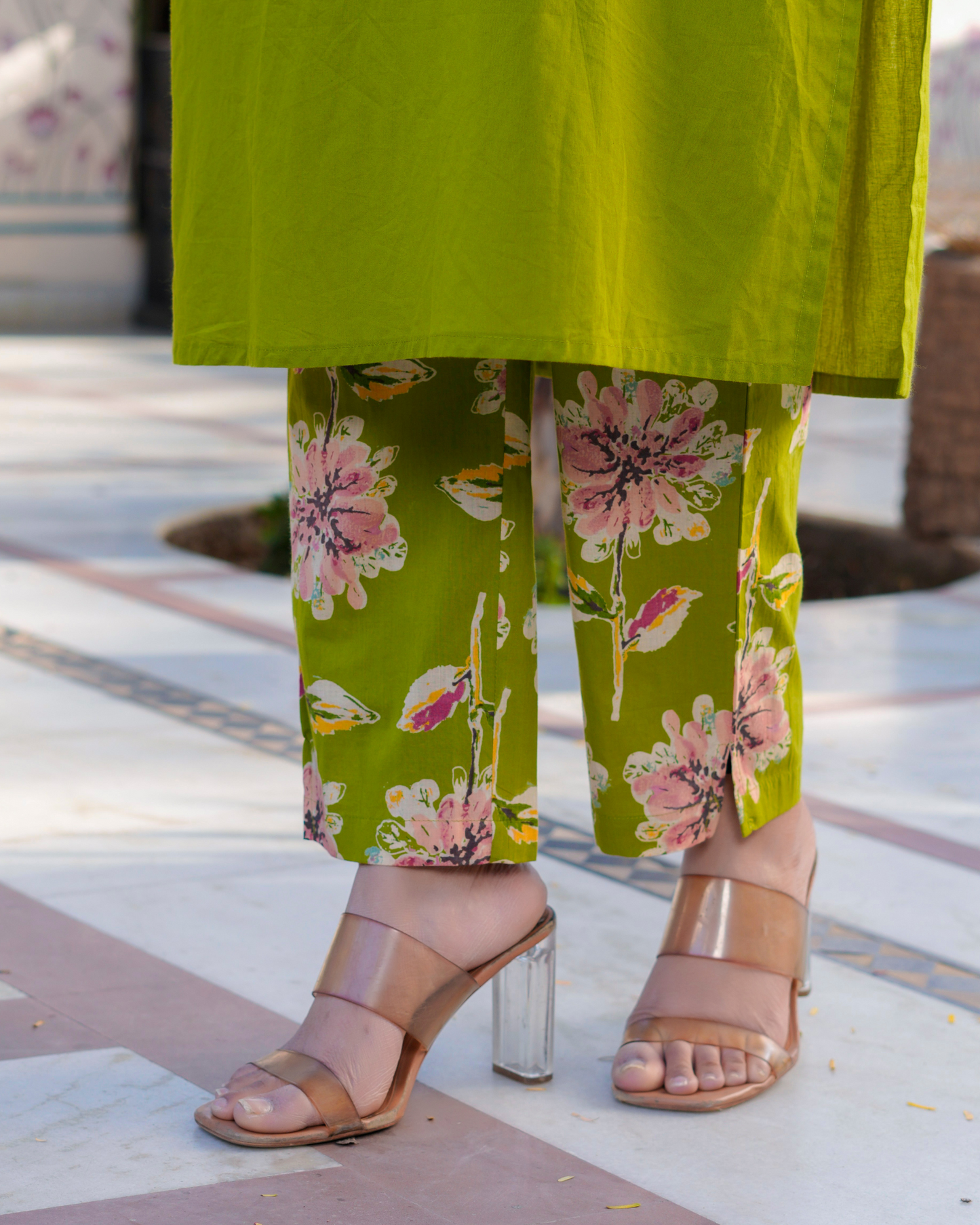 Cotton Printed Straight Green Kurta Set With Dupatta