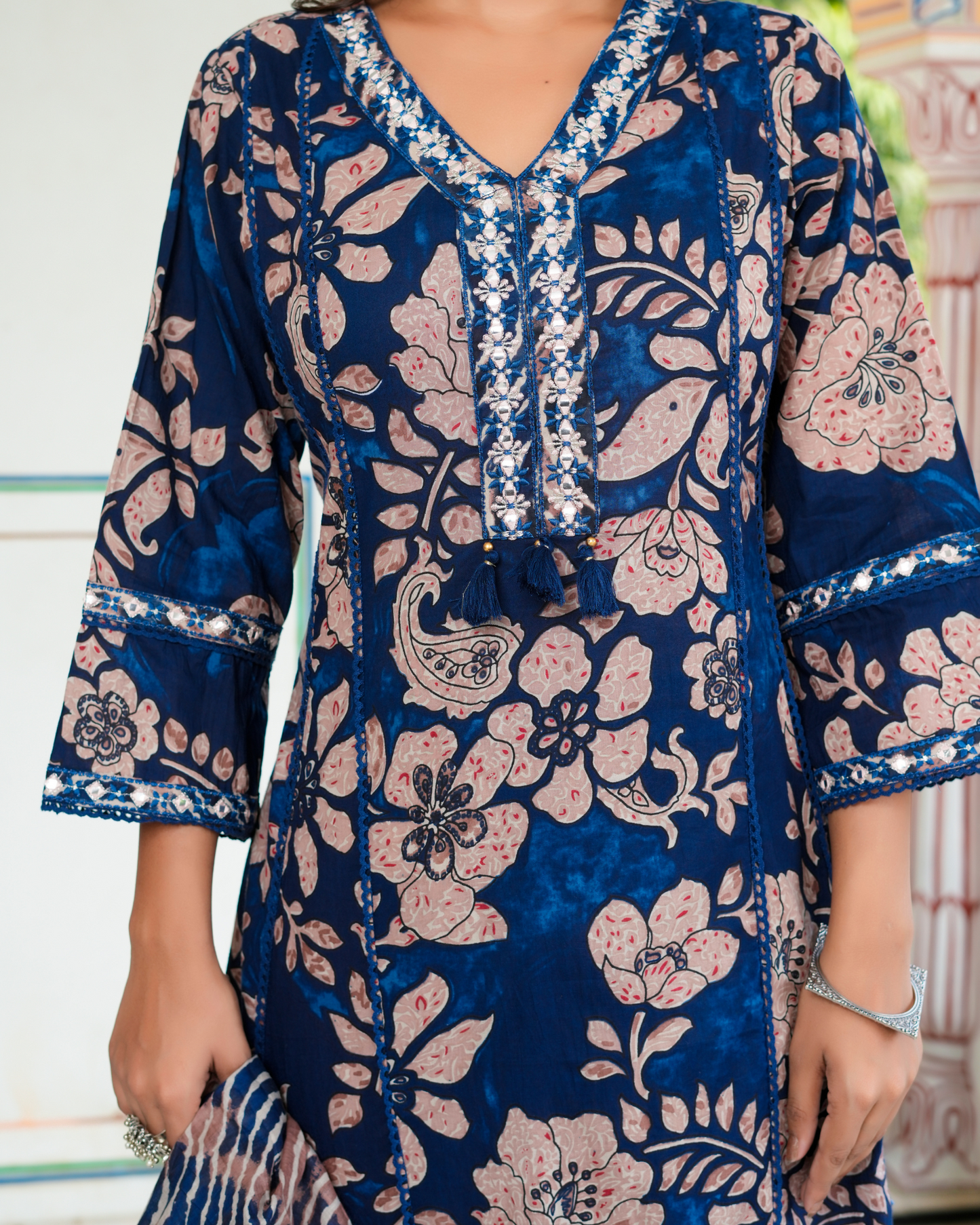 Blue Floral Printed Kurta With Printed Trouser & Dupatta