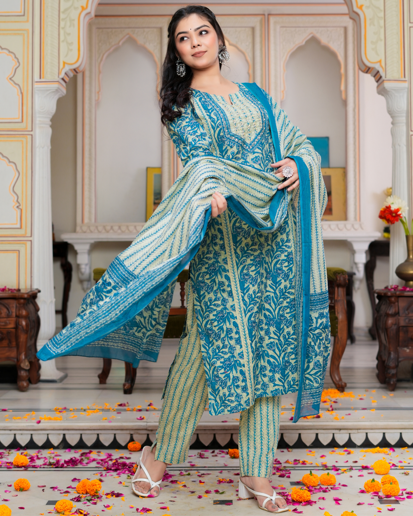 Blue Floral Printed Kurta With Printed Trouser & Dupatta