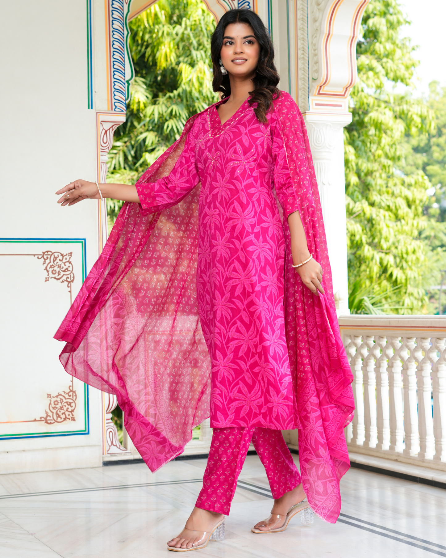 Pink Floral Printed Kurta With Printed Trouser & Dupatta