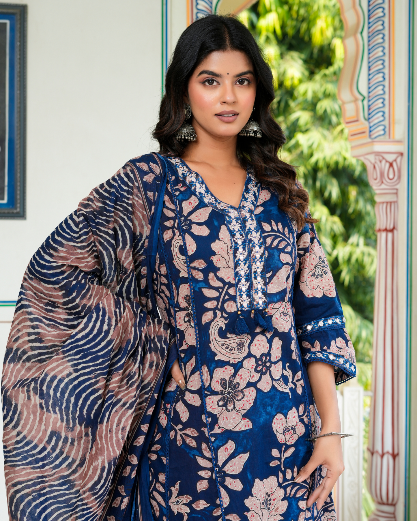 Blue Floral Printed Kurta With Printed Trouser & Dupatta