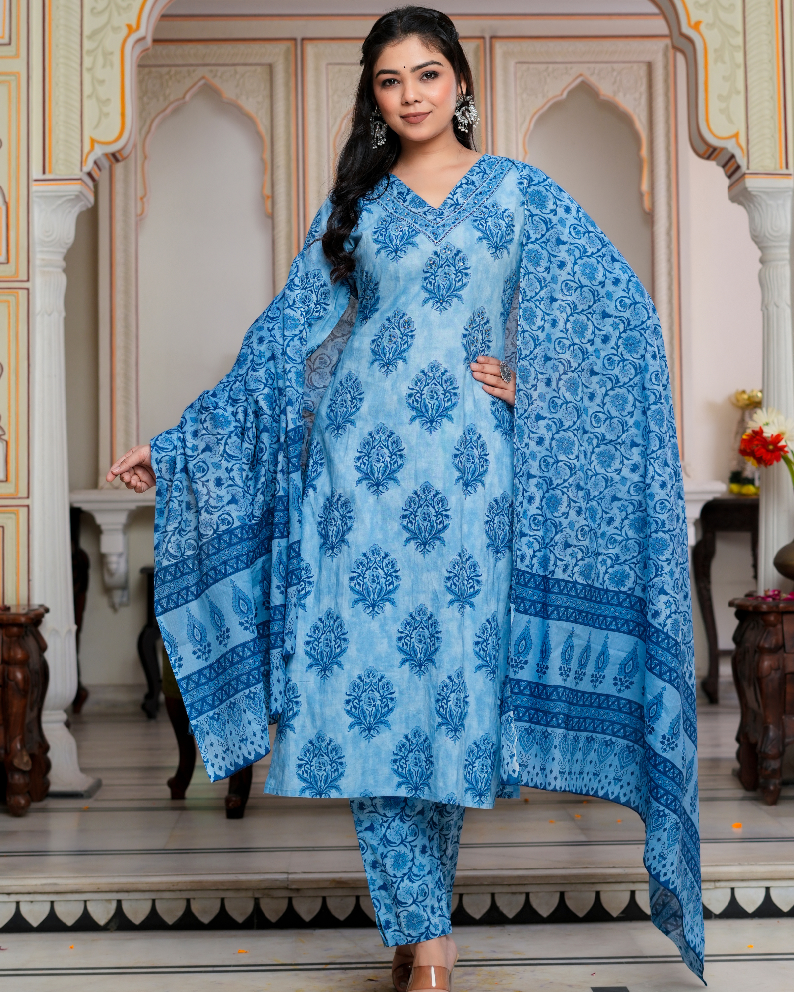 Blue Floral Printed Kurta With Printed Trouser & Dupatta