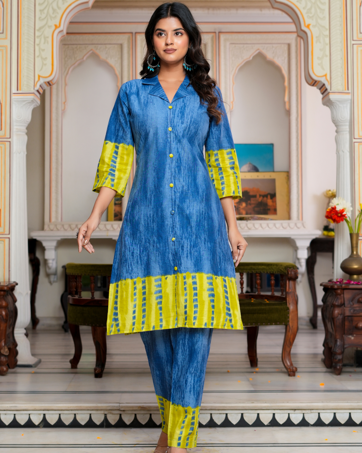 Blue Color Block Printed Kurta With Printed Trouser