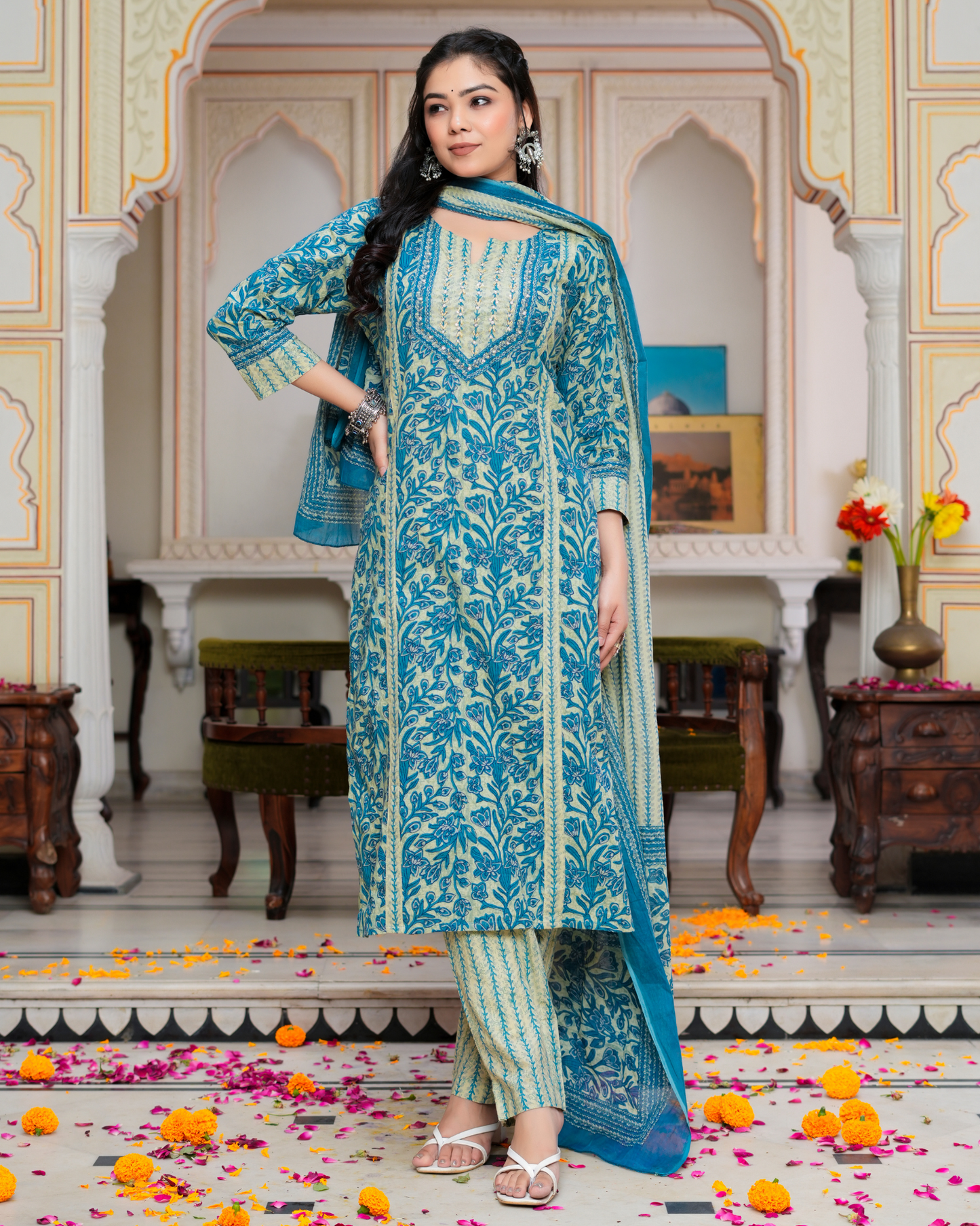 Blue Floral Printed Kurta With Printed Trouser & Dupatta