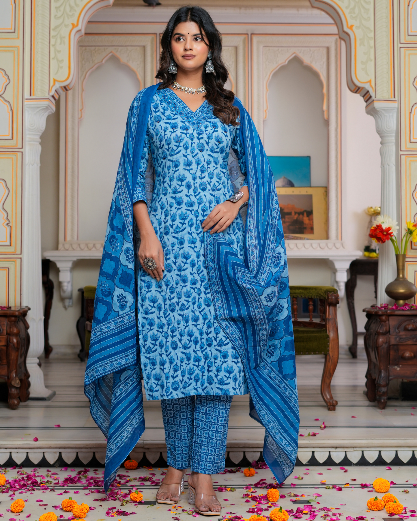 Blue Floral Printed Kurta With Printed Trouser & Dupatta