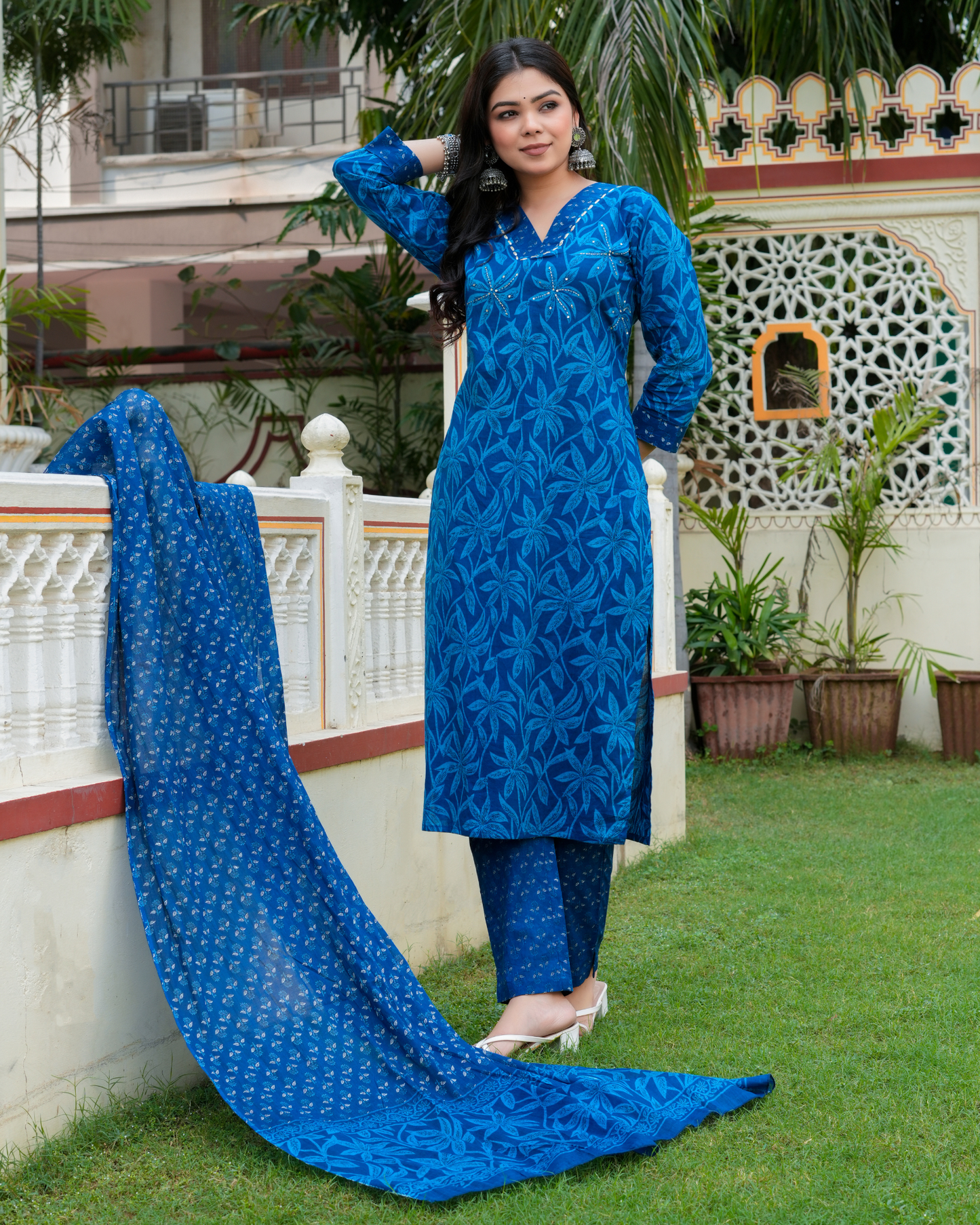 Blue Floral Printed Kurta With Printed Trouser & Dupatta