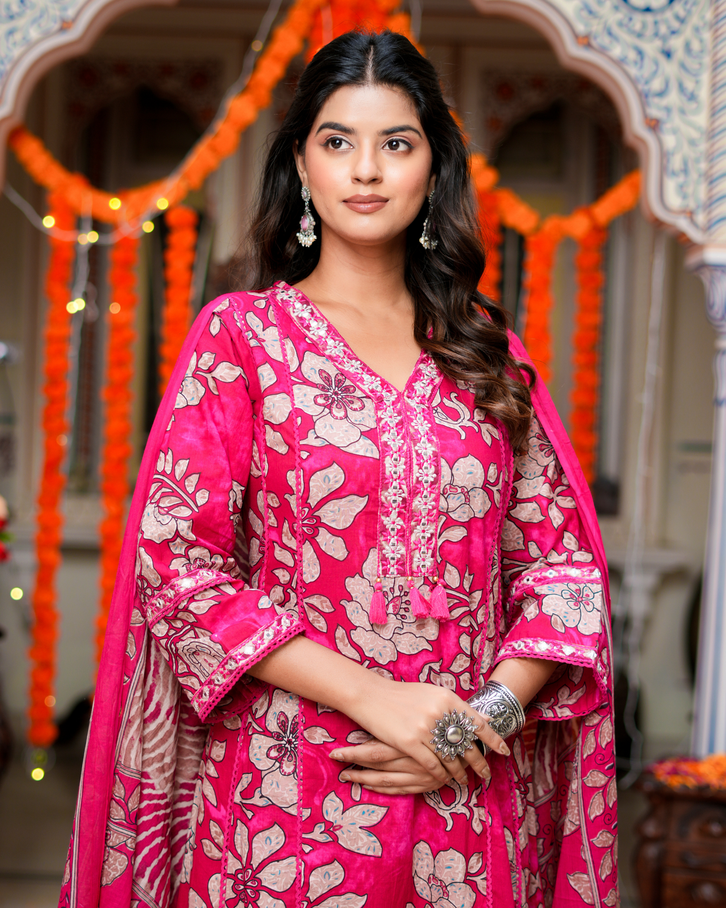 Pink Floral Printed Kurta With Printed Trouser & Dupatta