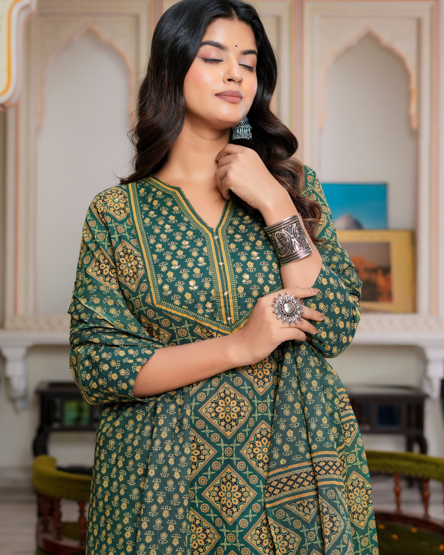 Green Floral Printed Kurta With Printed Trouser & Dupatta