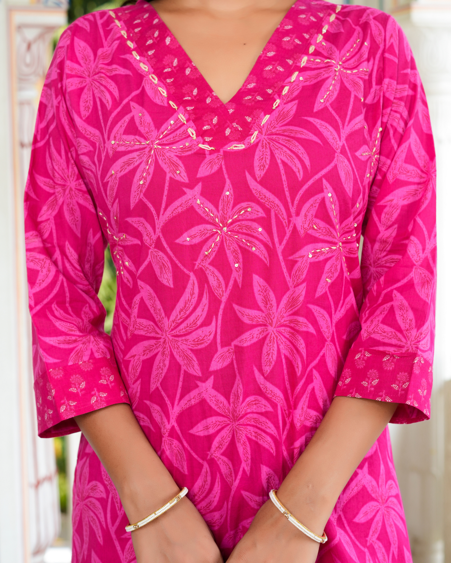 Pink Floral Printed Kurta With Printed Trouser & Dupatta