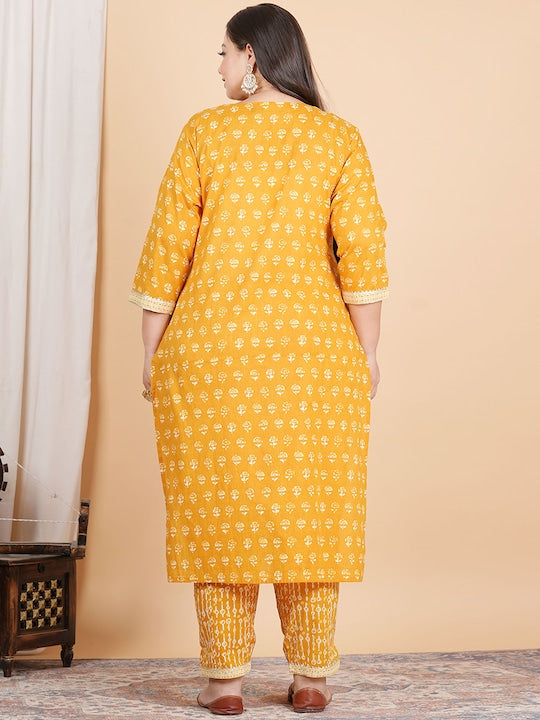 Plus Size Floral Printed Gotta Patti Pure Cotton Kurta with Trousers