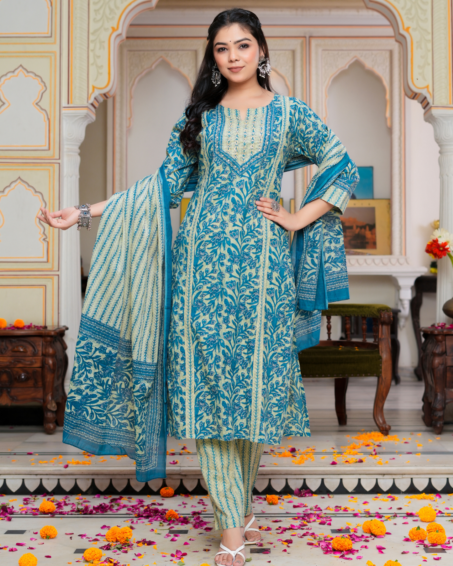 Blue Floral Printed Kurta With Printed Trouser & Dupatta