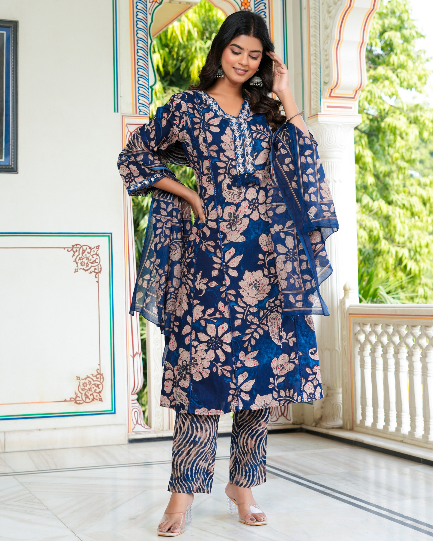 Blue Floral Printed Kurta With Printed Trouser & Dupatta