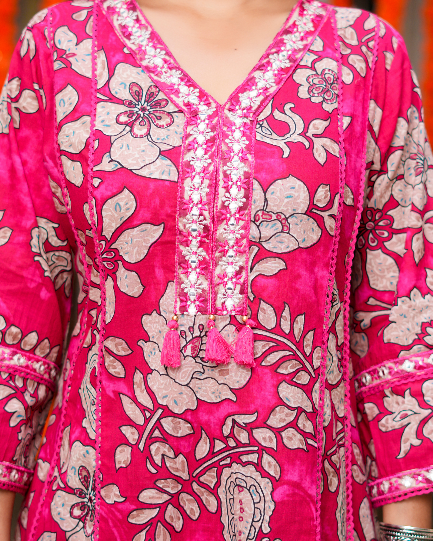 Pink Floral Printed Kurta With Printed Trouser & Dupatta