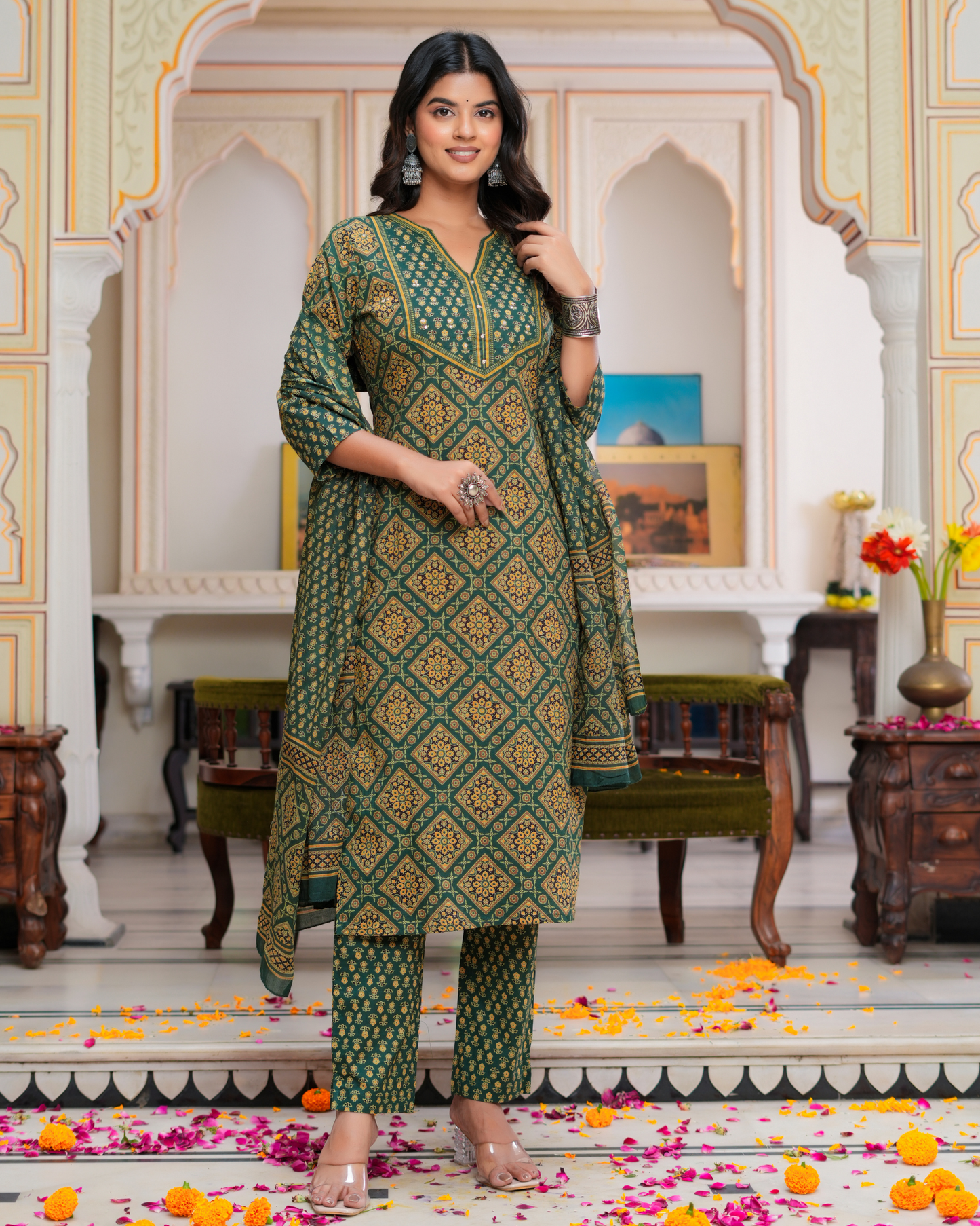 Green Floral Printed Kurta With Printed Trouser & Dupatta