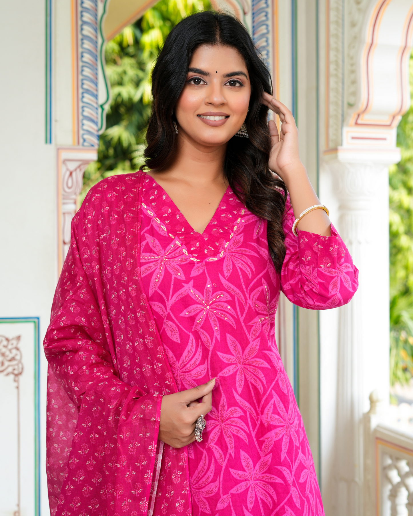 Pink Floral Printed Kurta With Printed Trouser & Dupatta