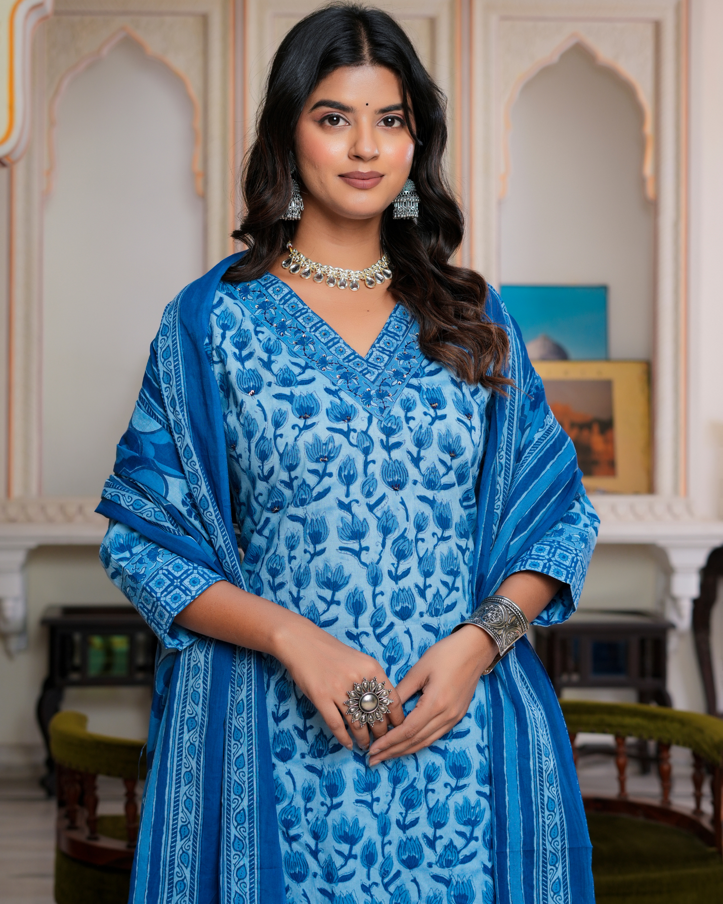 Blue Floral Printed Kurta With Printed Trouser & Dupatta